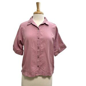 EILEEN FISHER Linen Blend Button Front Top Shirt Cuffed Sleeve Pink size Small